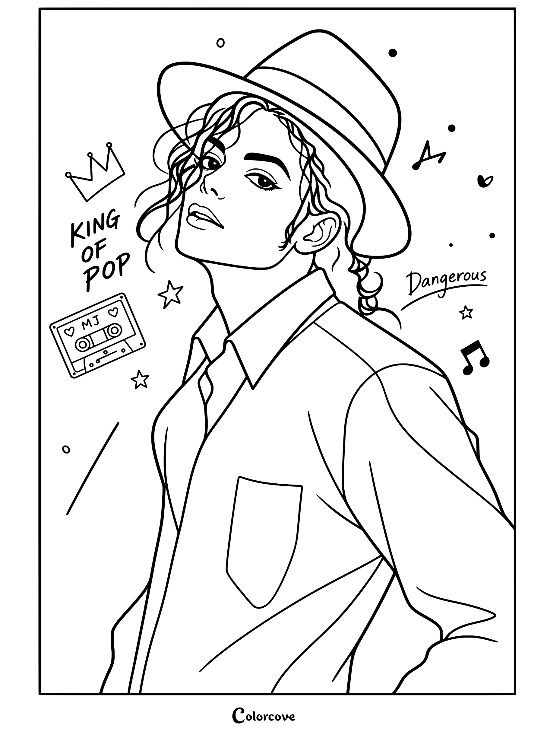 Dibujo para colorear de una ilustración de Michael Jackson, el Rey del Pop, con sombrero fedora y camisa roja con garabatos