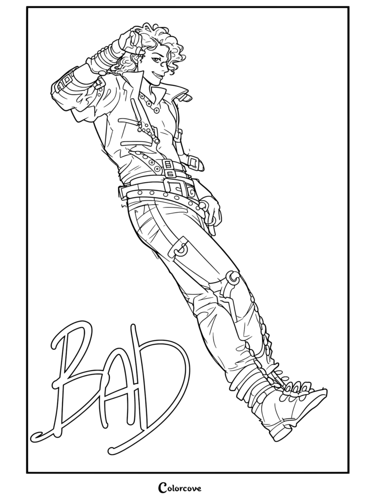 Dibujo para colorear de Michael Jackson inclinándose hacia adelante con su icónica chaqueta y pantalones de cuero negro con hebillas de la Era Bad sobre fondo rojo