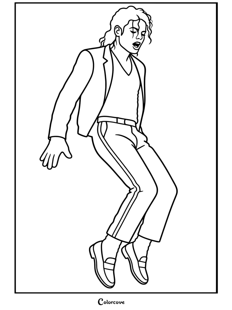 Dibujo para colorear de Michael Jackson realizando su paso de baile característico con chaqueta de lentejuelas brillantes, camiseta blanca de cuello en V y pantalones negros con raya dorada