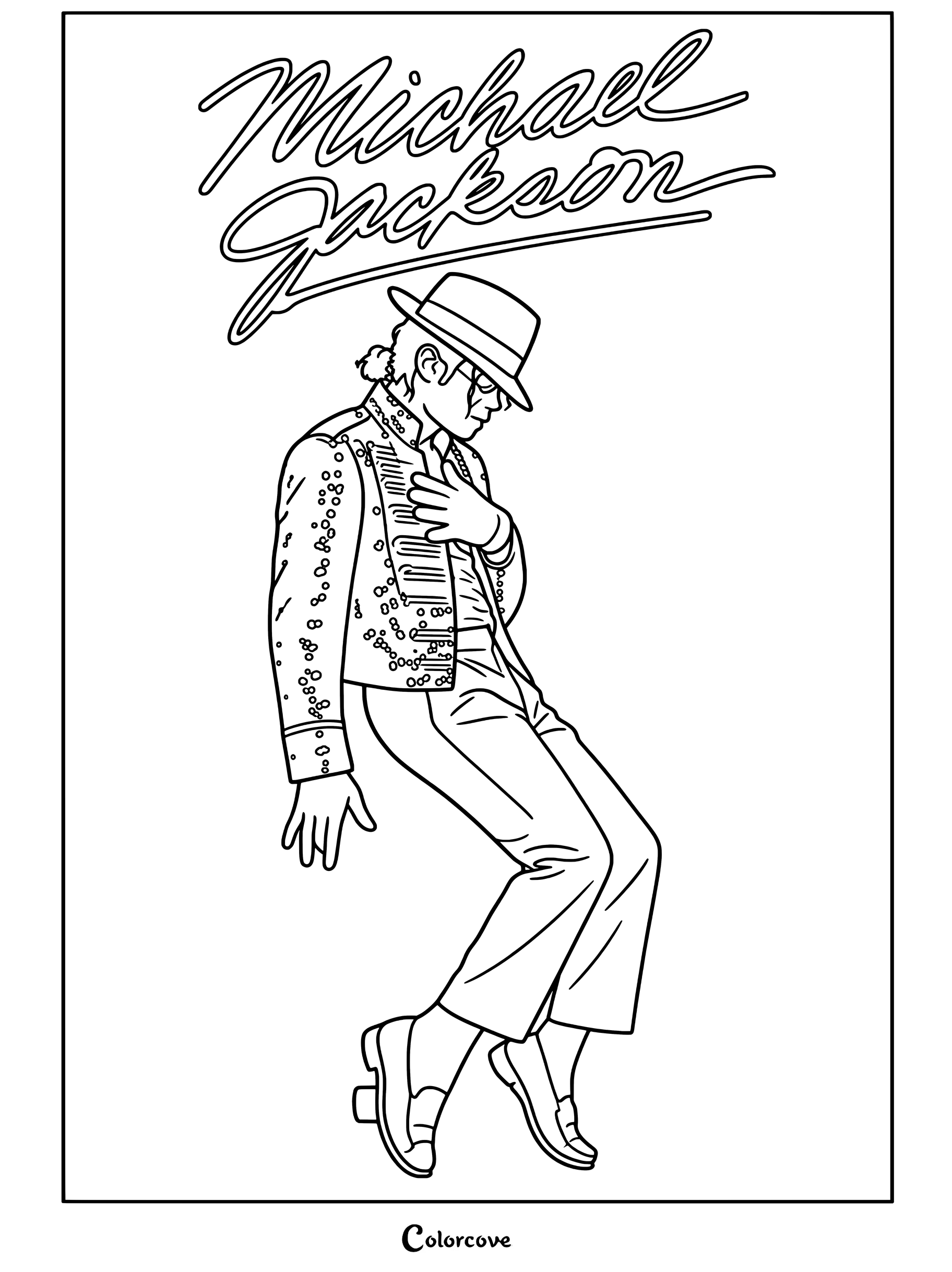 Dibujo para colorear de Michael Jackson realizando su inclinación característica con chaqueta negra brillante y sombrero fedora