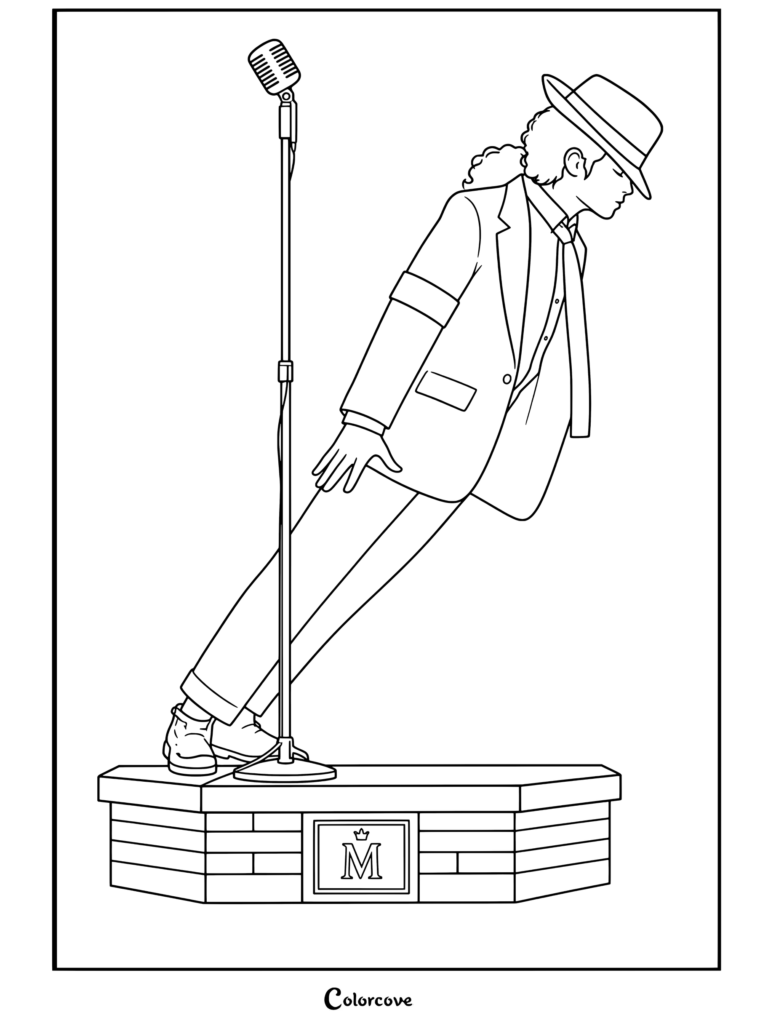 Dibujo para colorear de Michael Jackson realizando la inclinación antigravedad de Smooth Criminal sobre el escenario