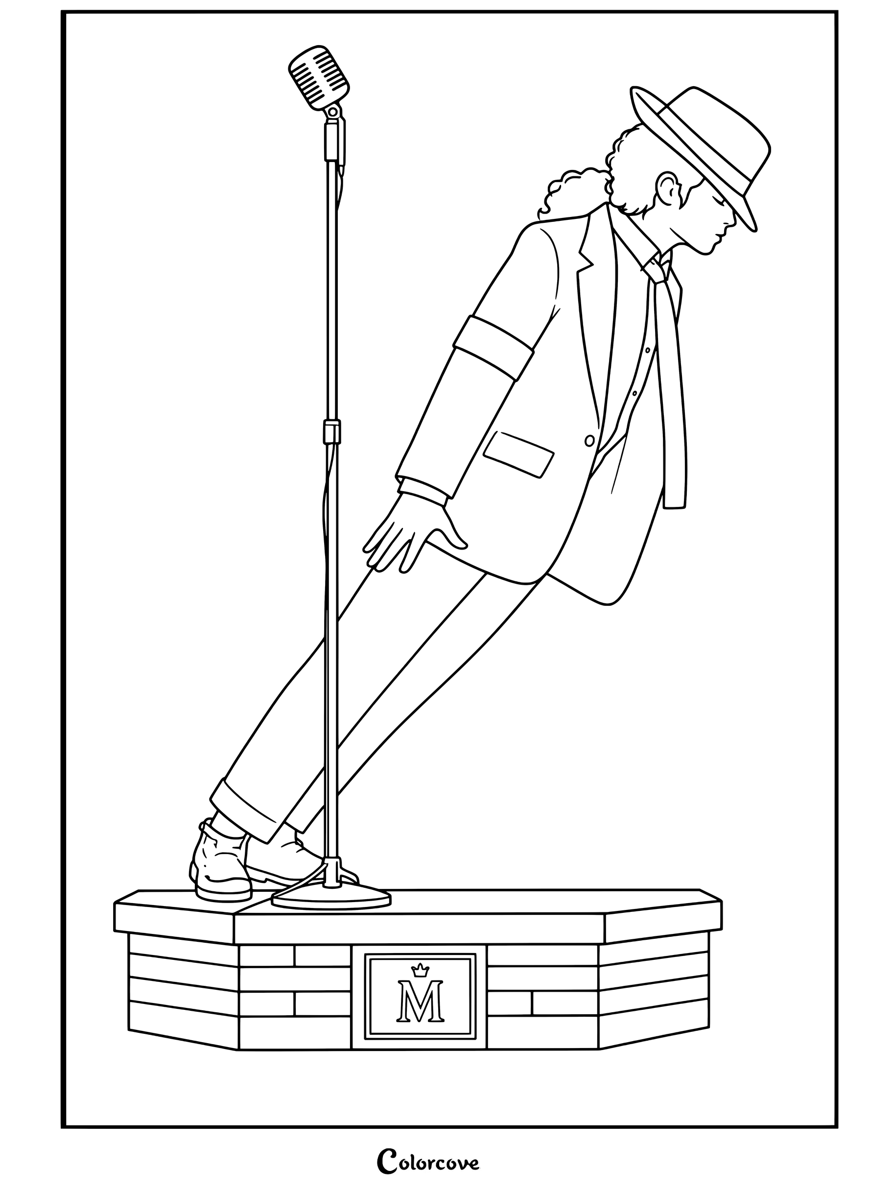 Dibujo para colorear de Michael Jackson realizando la inclinación antigravedad de Smooth Criminal sobre el escenario
