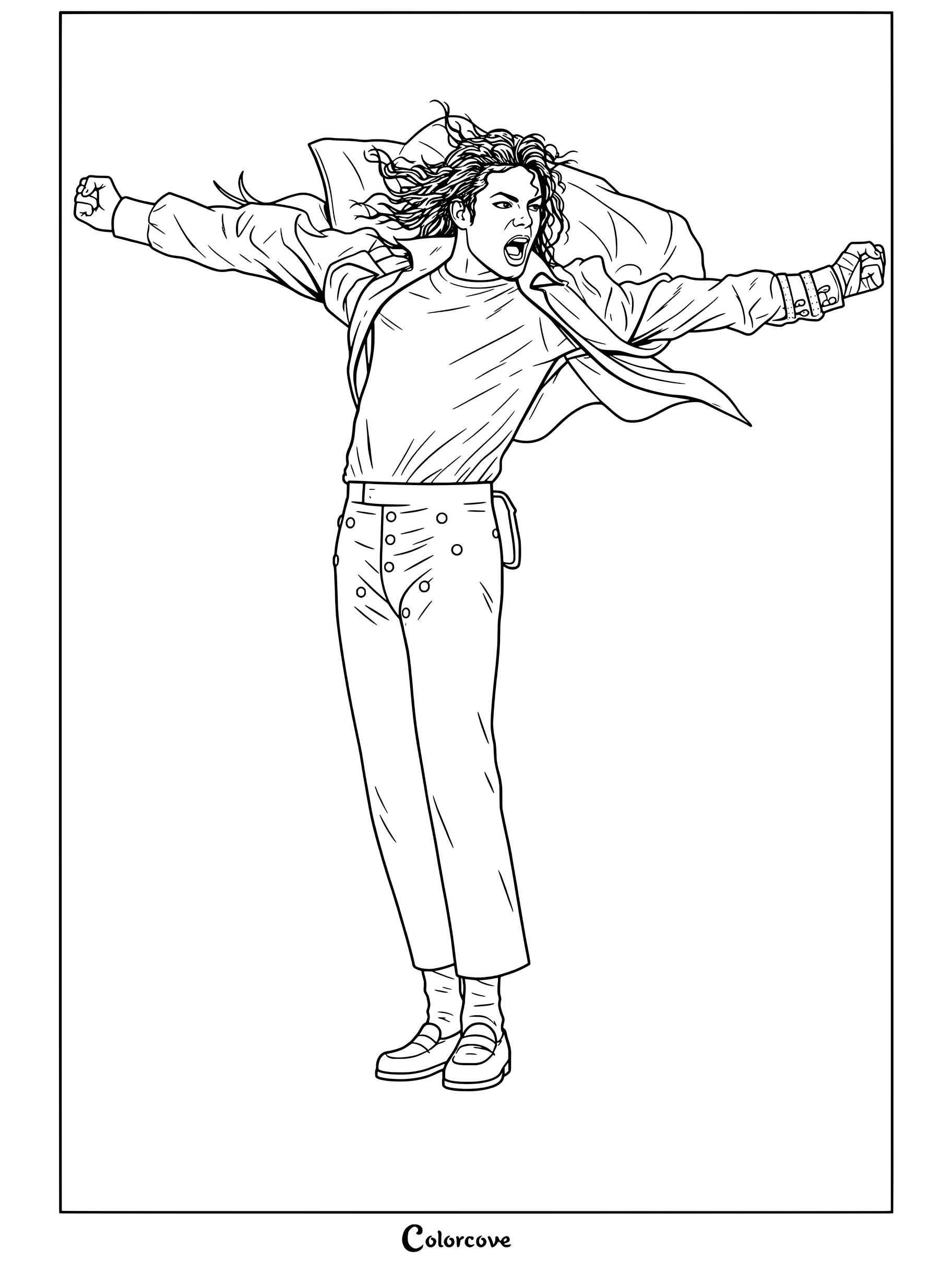 Dibujo para colorear de Michael Jackson posando con los brazos abiertos, camisa blanca, chaqueta abierta, pantalones negros y expresión de grito