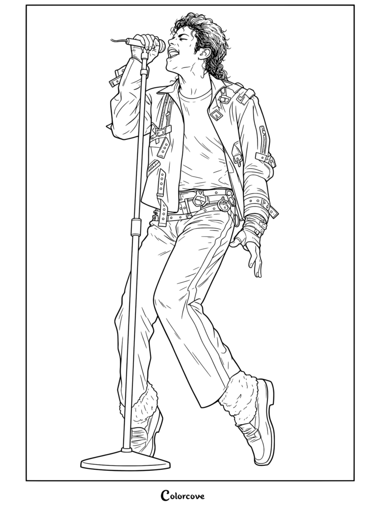 Dibujo para colorear de Michael Jackson cantando ante un pie de micrófono con su icónica chaqueta y pantalones de cuero y camiseta blanca