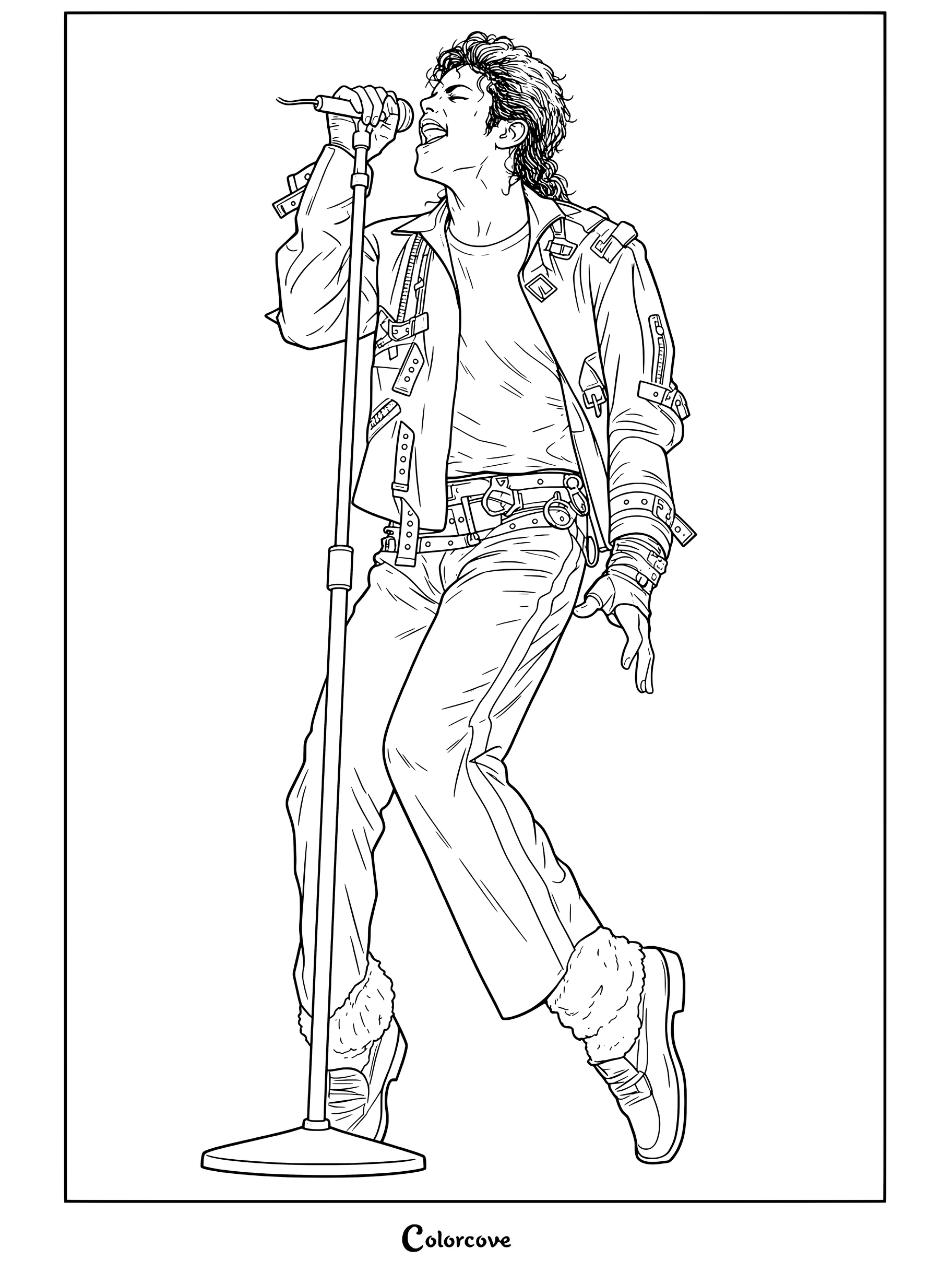 Dibujo para colorear de Michael Jackson cantando ante un pie de micrófono con su icónica chaqueta y pantalones de cuero y camiseta blanca
