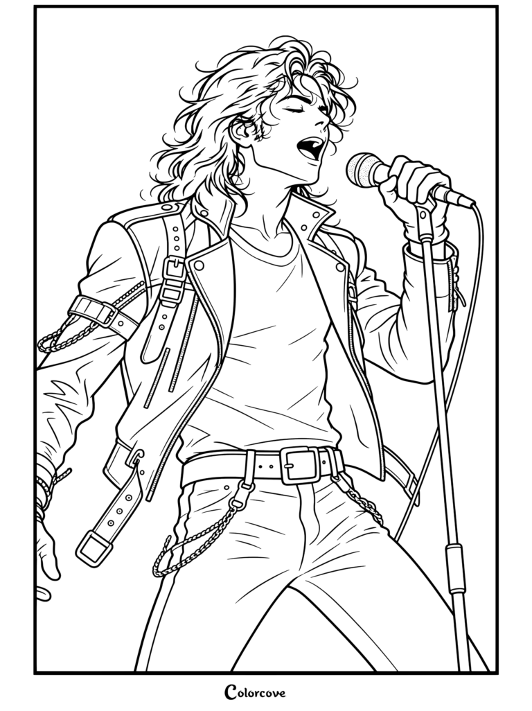 Dibujo para colorear de Michael Jackson cantando al micrófono con una chaqueta de cuero negra y camiseta blanca bajo un reflector