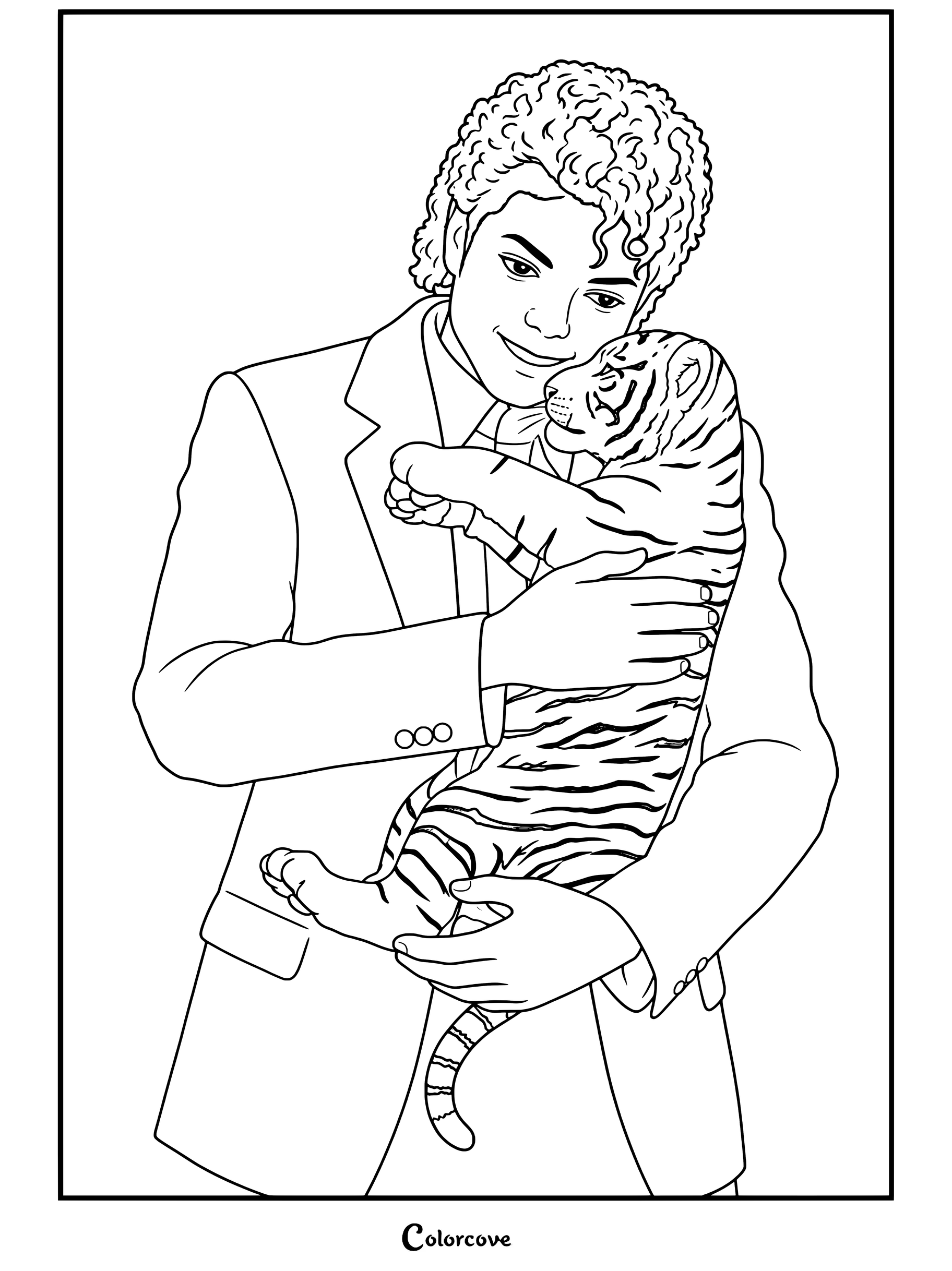 Dibujo para colorear de Michael Jackson sosteniendo un cachorro de tigre mientras viste un traje blanco