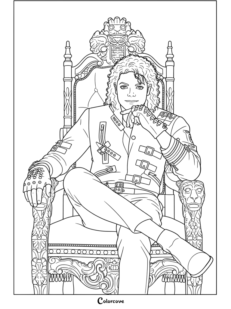 Dibujo para colorear imprimible de Michael Jackson sentado y sonriendo en un ornamentado trono de oro y terciopelo rojo, con chaqueta negra de hebillas y tachuelas, guantes y botas