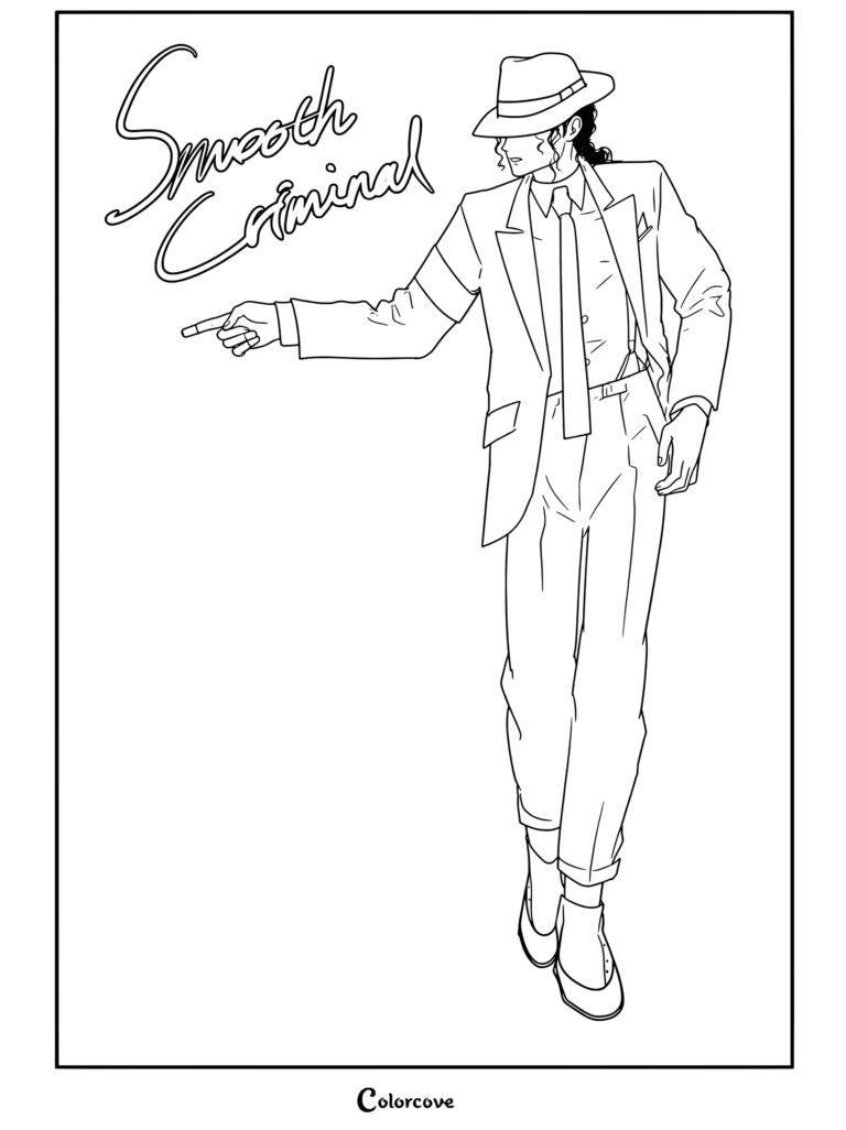 Dibujo para colorear de ilustración estilo anime de Michael Jackson posando con traje blanco y sombrero fedora al estilo Smooth Criminal
