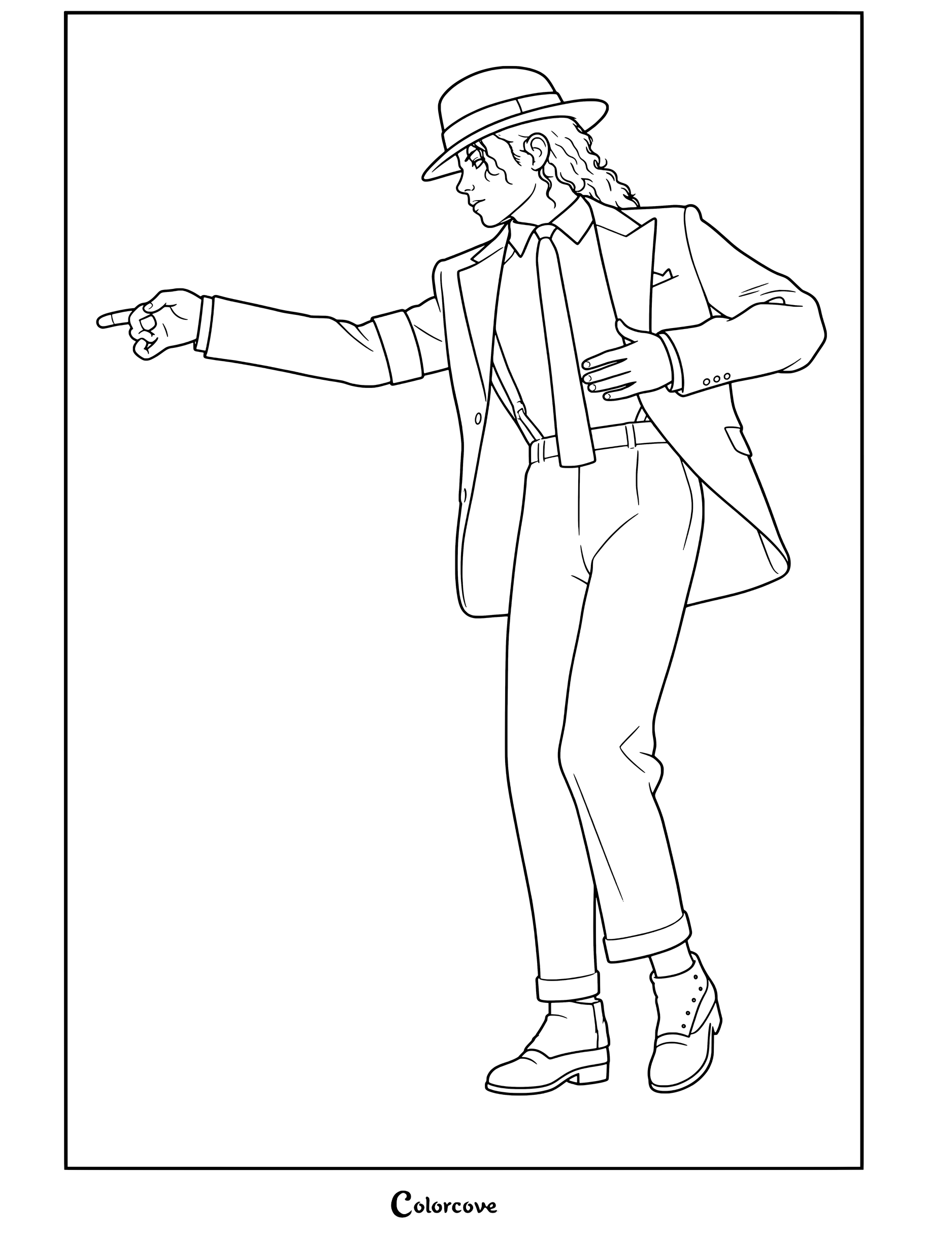 Dibujo para colorear de figura de acción de Michael Jackson con traje blanco a rayas y sombrero fedora inclinándose al estilo Smooth Criminal