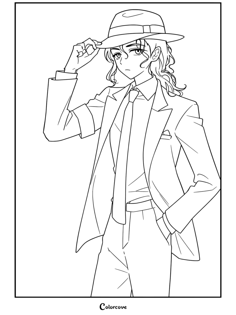 Página imprimible para colorear de Michael Jackson en arte anime de Smooth Criminal con traje blanco, camisa azul y sombrero fedora mientras se ajusta el sombrero.