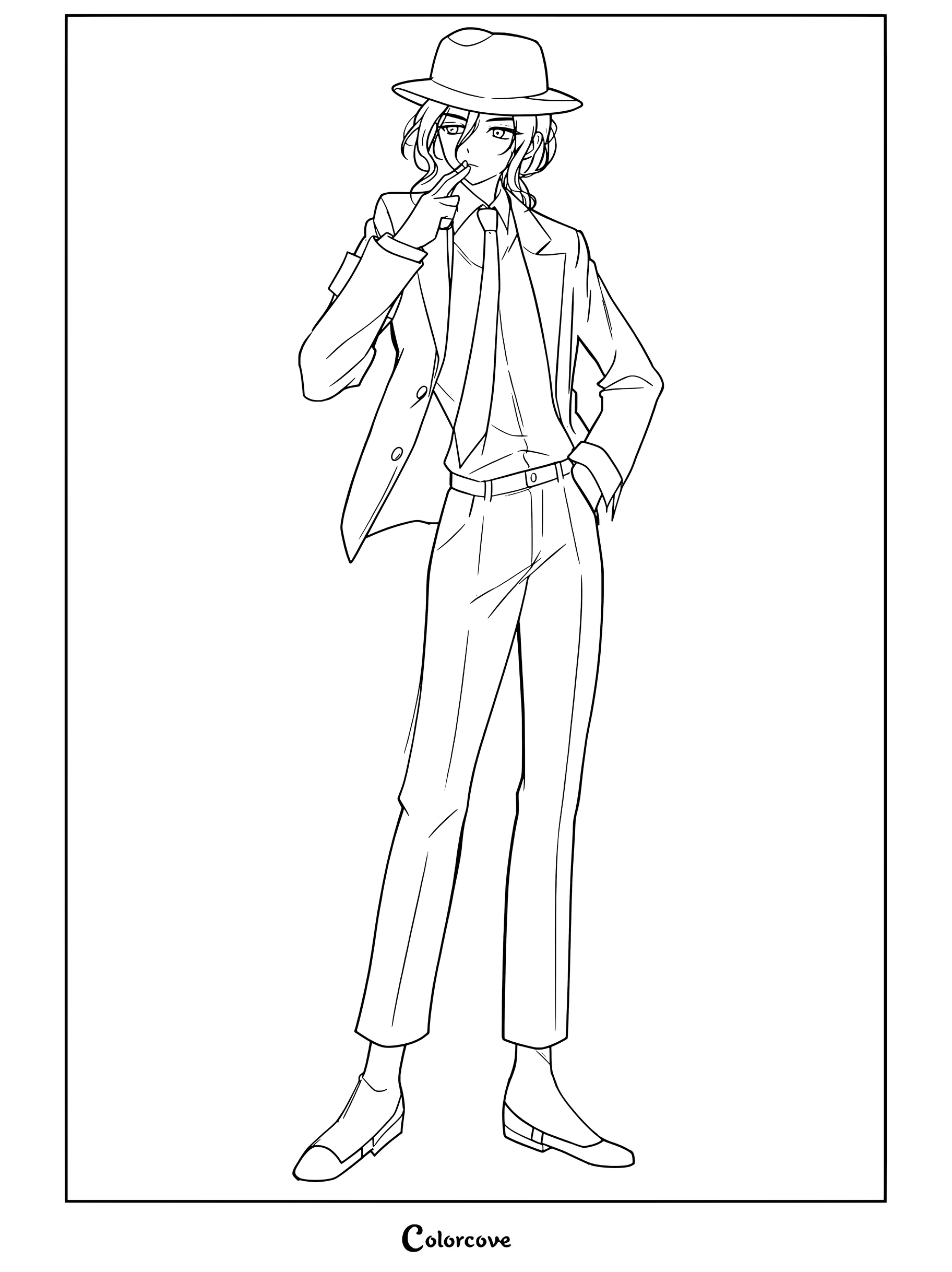 Página para colorear de Michael Jackson con traje negro, sombrero fedora y calcetines blancos en pose de Smooth Criminal.