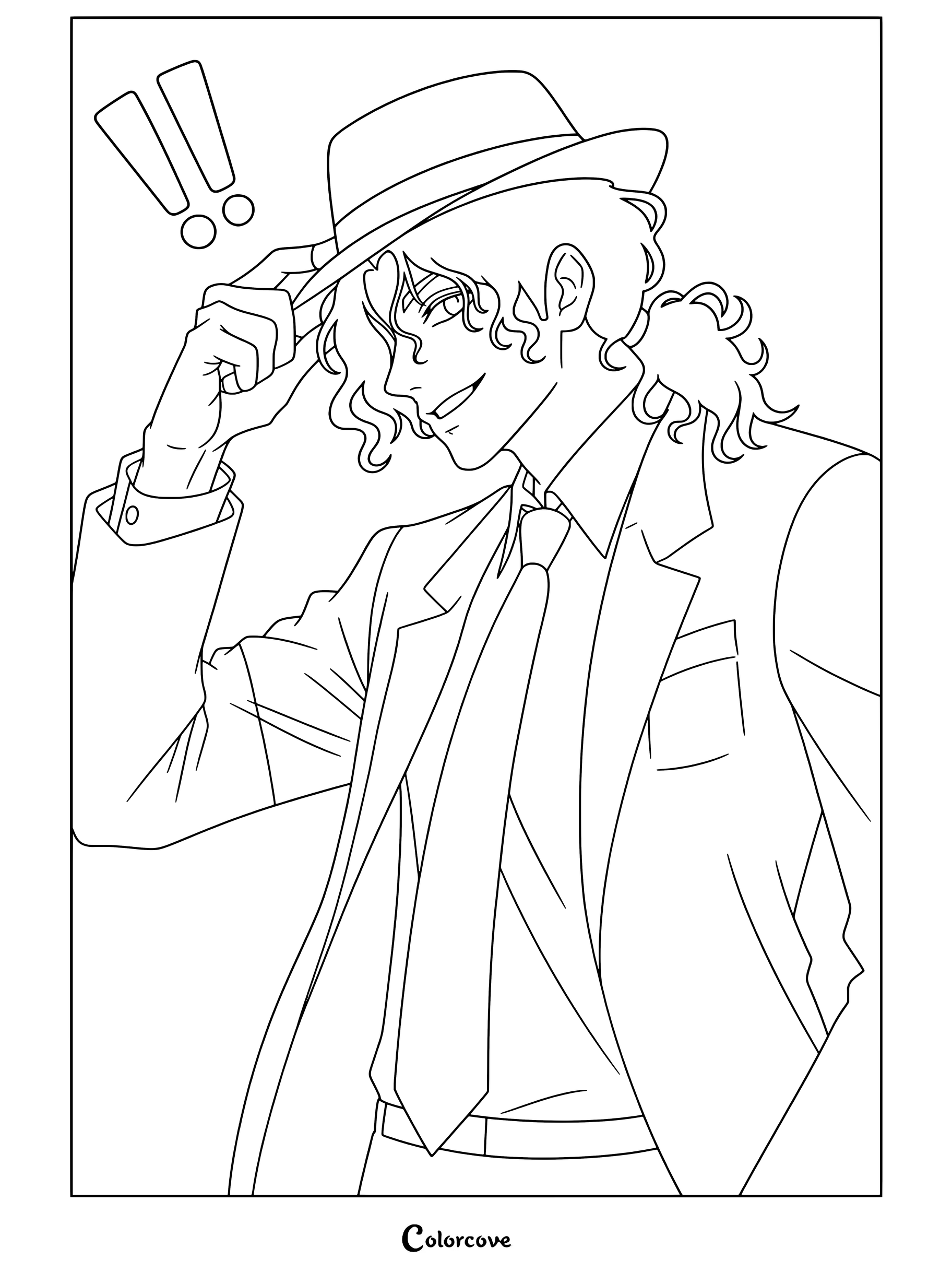 Página para colorear de Michael Jackson con traje y sombrero fedora blanco, camisa azul, tocando el ala del sombrero y sonriendo, con trazos definidos.
