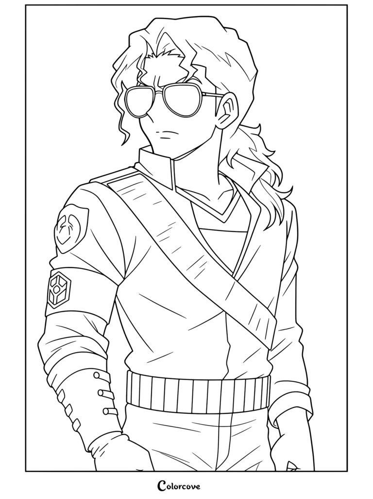Dibujo para colorear de retrato estilo anime de Michael Jackson con gafas de sol, chaqueta militar con banda amarilla y guante blanco