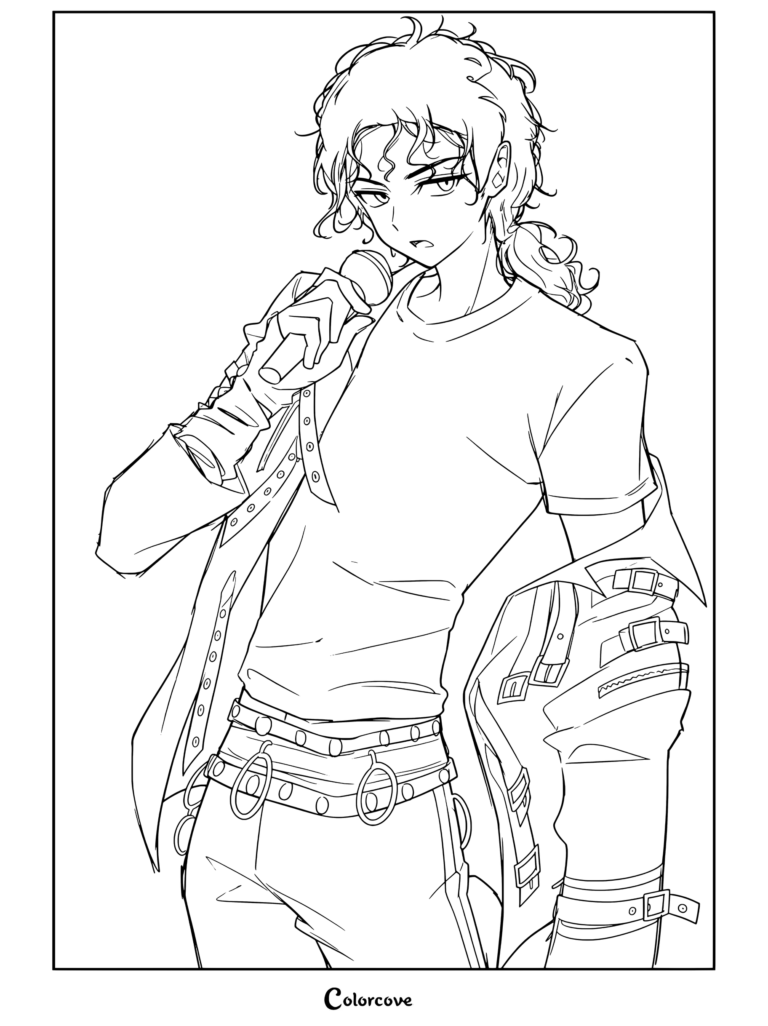 Dibujo para colorear de Michael Jackson estilo anime actuando con sudor, micrófono, camiseta blanca y chaqueta de cuero negra con cinturones