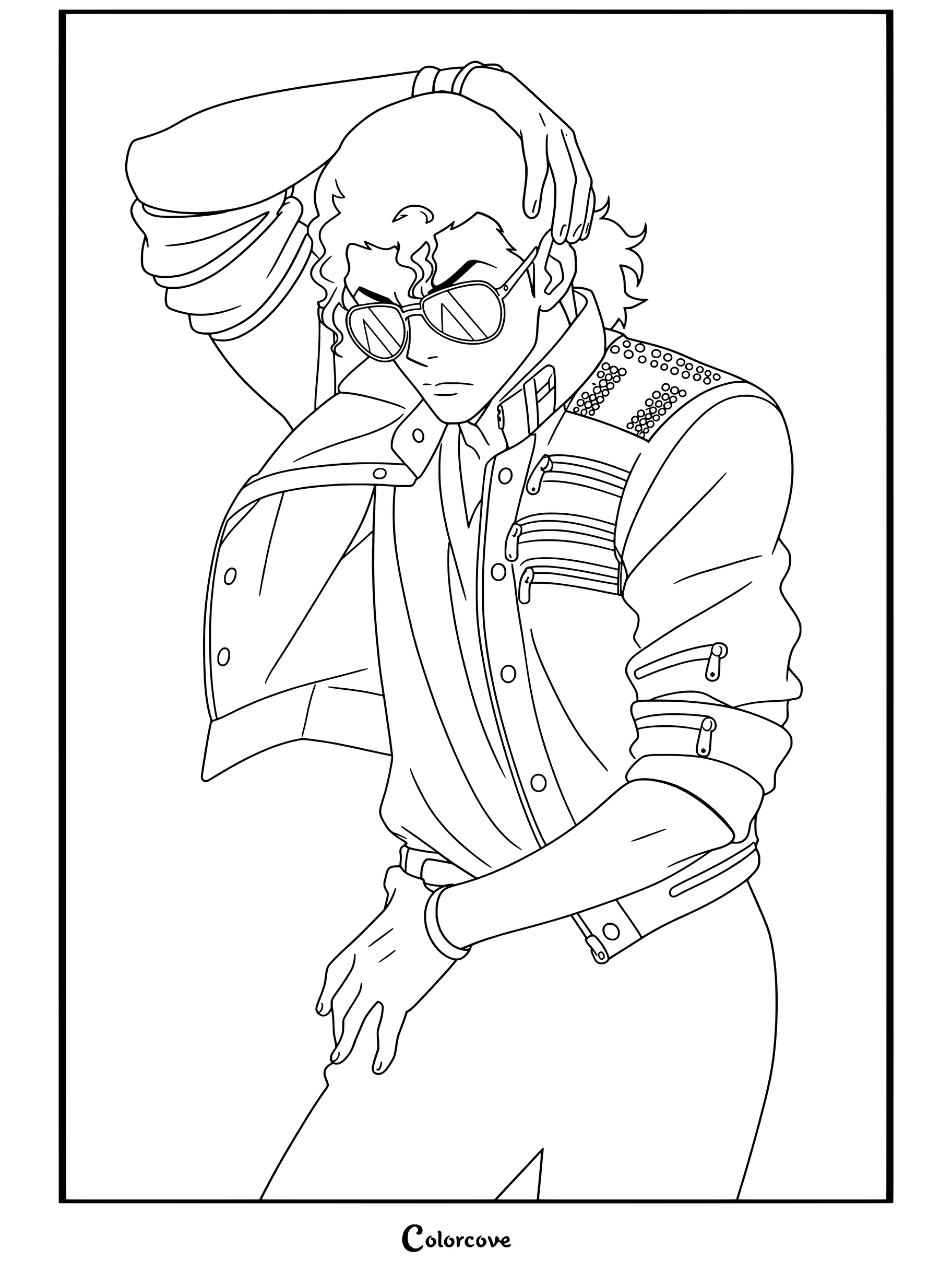 Dibujo para colorear de Michael Jackson estilo anime con su icónica chaqueta de cuero roja con cremalleras plateadas y gafas de sol, sujetándose el pelo