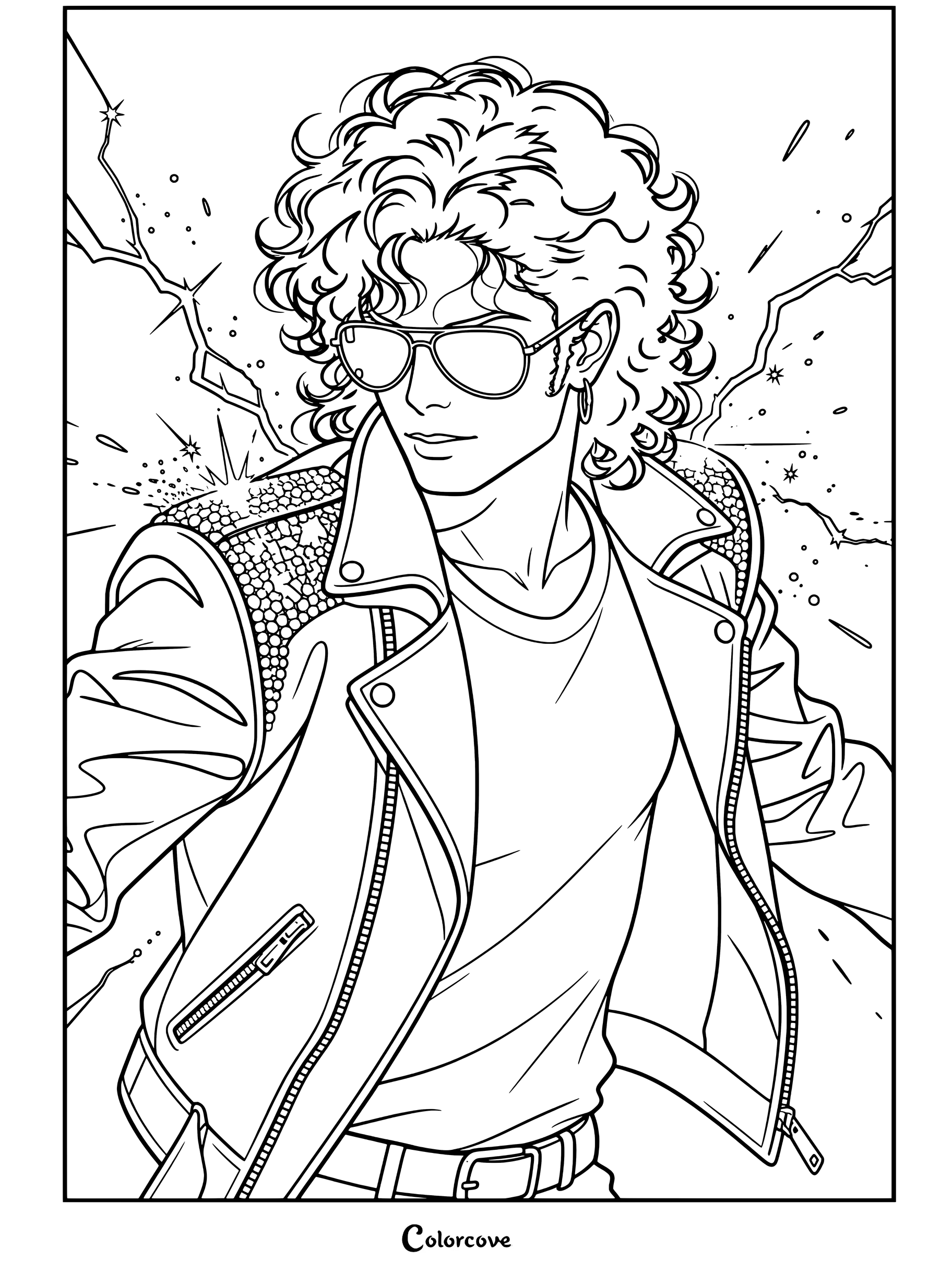 Dibujo para colorear de Michael Jackson estilo anime con chaqueta de cuero roja con hombreras brillantes, gafas de sol y efecto de rayos