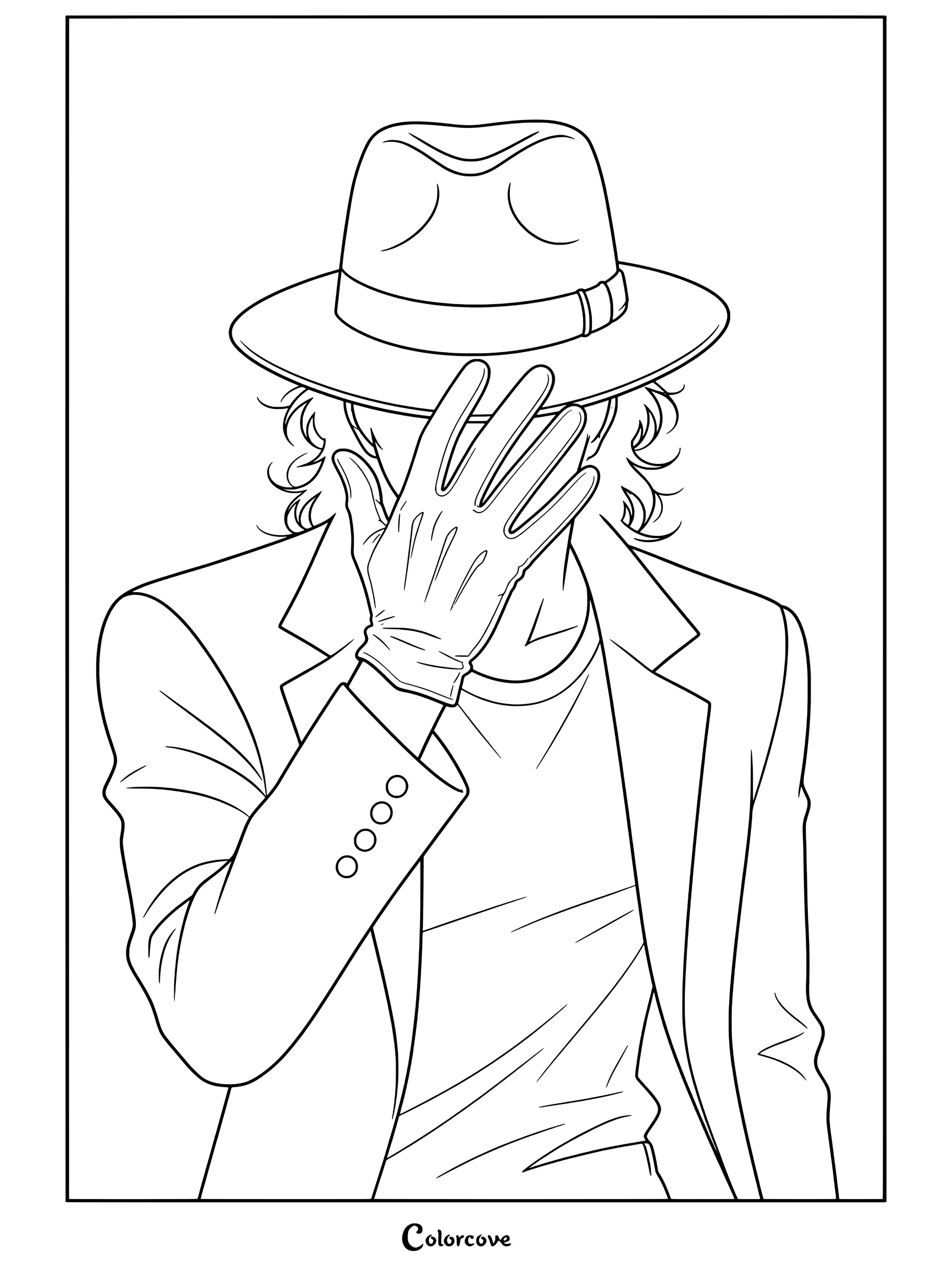 Dibujo para colorear de Michael Jackson estilo anime con chaqueta de lentejuelas brillante, sombrero fedora y guante blanco cubriéndose la cara bajo el foco