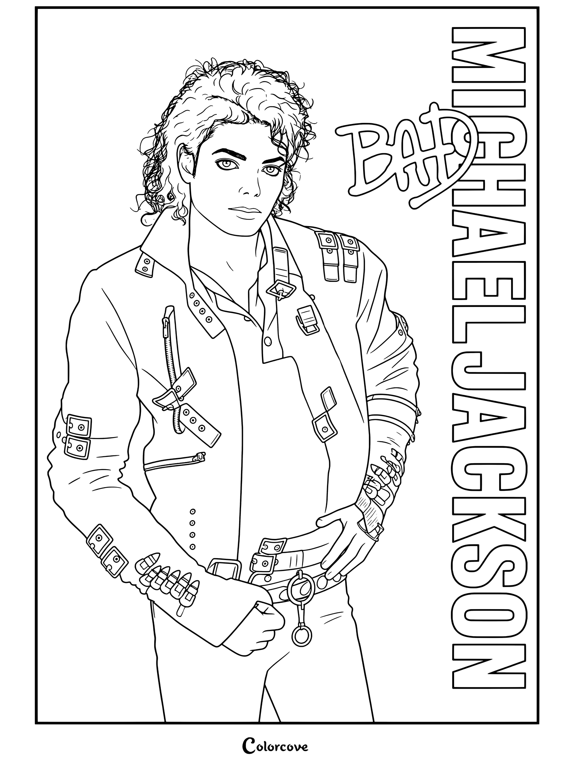 Dibujo para colorear del retrato de la portada del álbum Bad de Michael Jackson con chaqueta negra de hebillas