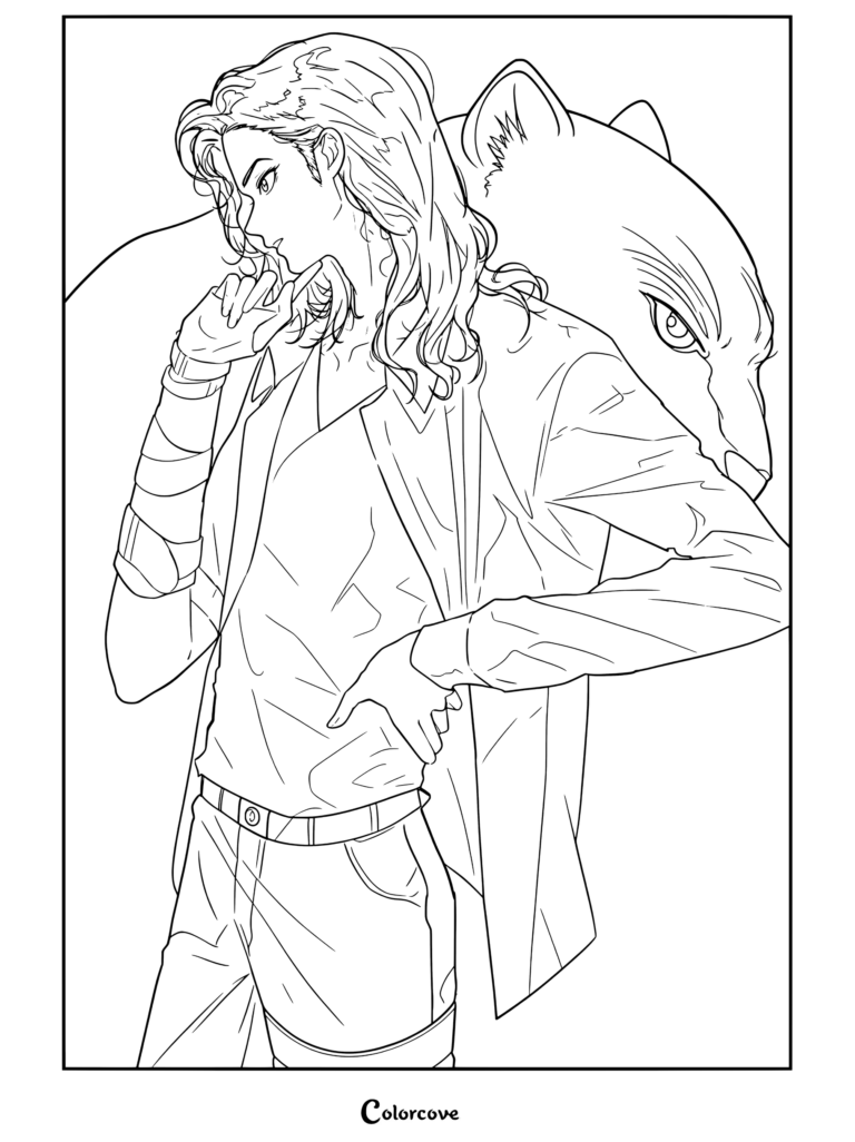 Dibujo para colorear de Michael Jackson con su atuendo de Black or White, camisa blanca y antebrazo vendado, posando junto a una pantera negra