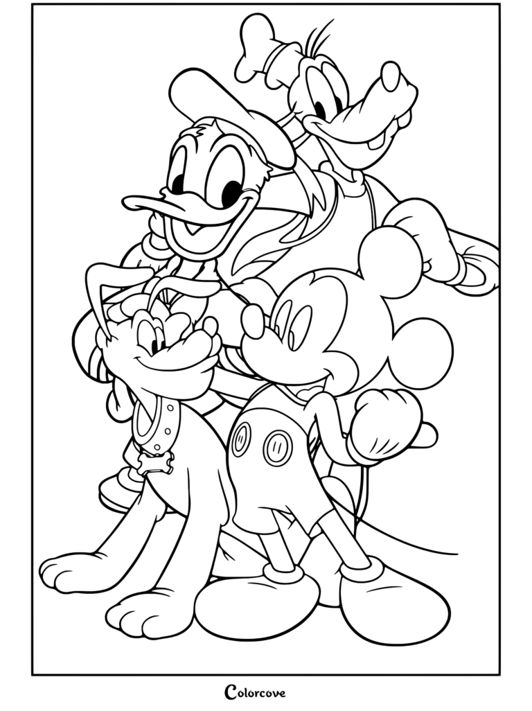 Coloriage des personnages classiques de Disney Mickey Mouse, Donald Duck, Dingo et Pluto posant ensemble pour les fans de Mickey et ses Amis.