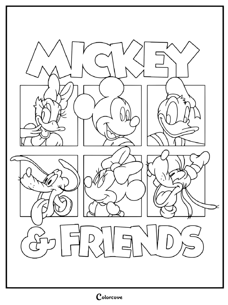 Coloriage de collage de personnages de Mickey et ses Amis avec Dingo, Mickey, Pluto, Donald et Daisy dans des panneaux de grille colorés