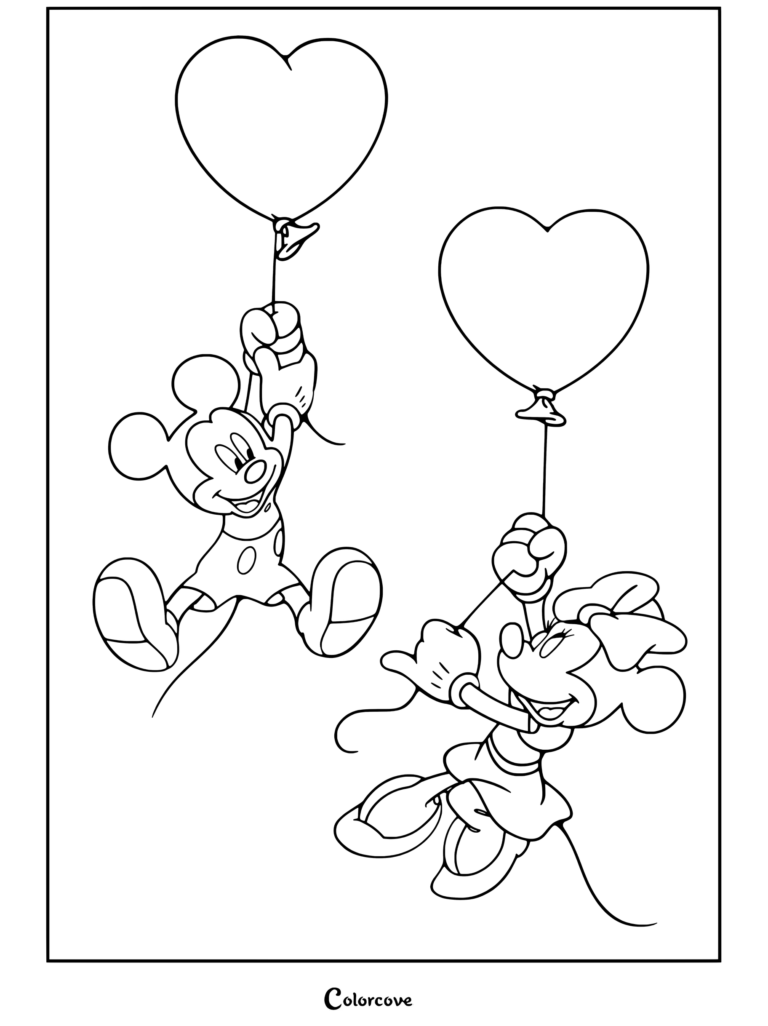 Coloriage de Mickey et Minnie Mouse s'envolant avec des ballons en forme de cœur pour les fans de Mickey et ses Amis.