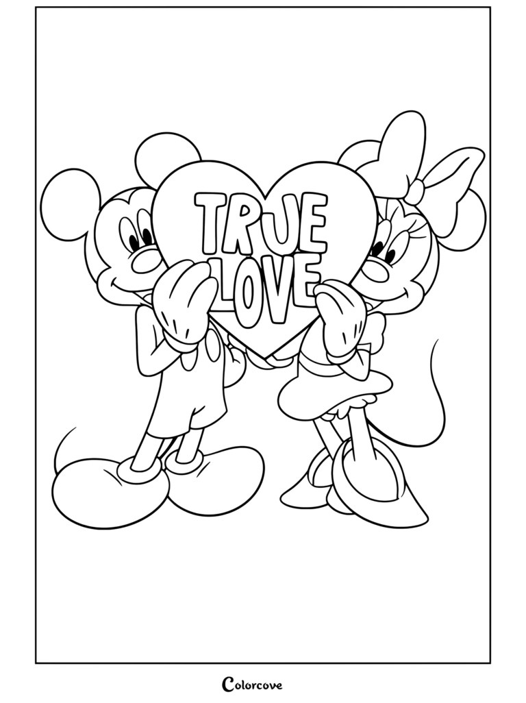 Coloriage de Mickey et Minnie Mouse tenant un cœur rose avec le texte « true love » pour les fans de Mickey et ses Amis.
