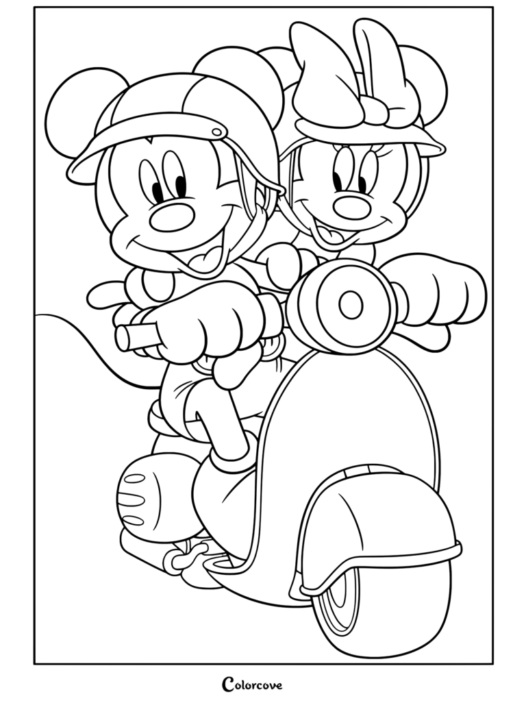 Coloriage de Mickey et Minnie Mouse conduisant un scooter vert ensemble et portant des casques assortis pour les fans de Mickey et ses Amis
