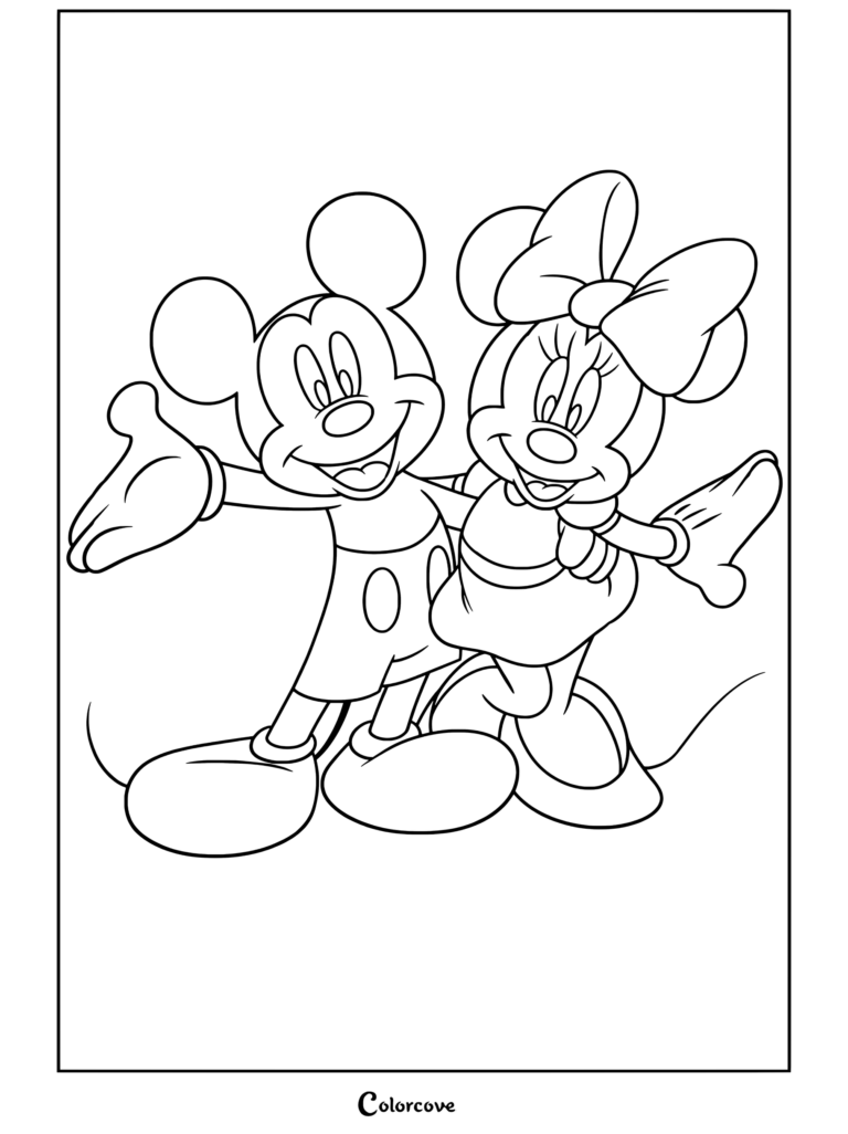 Coloriage de Mickey et Minnie Mouse se tenant debout ensemble, souriant et faisant coucou avec les bras tendus, issu de Mickey et ses Amis