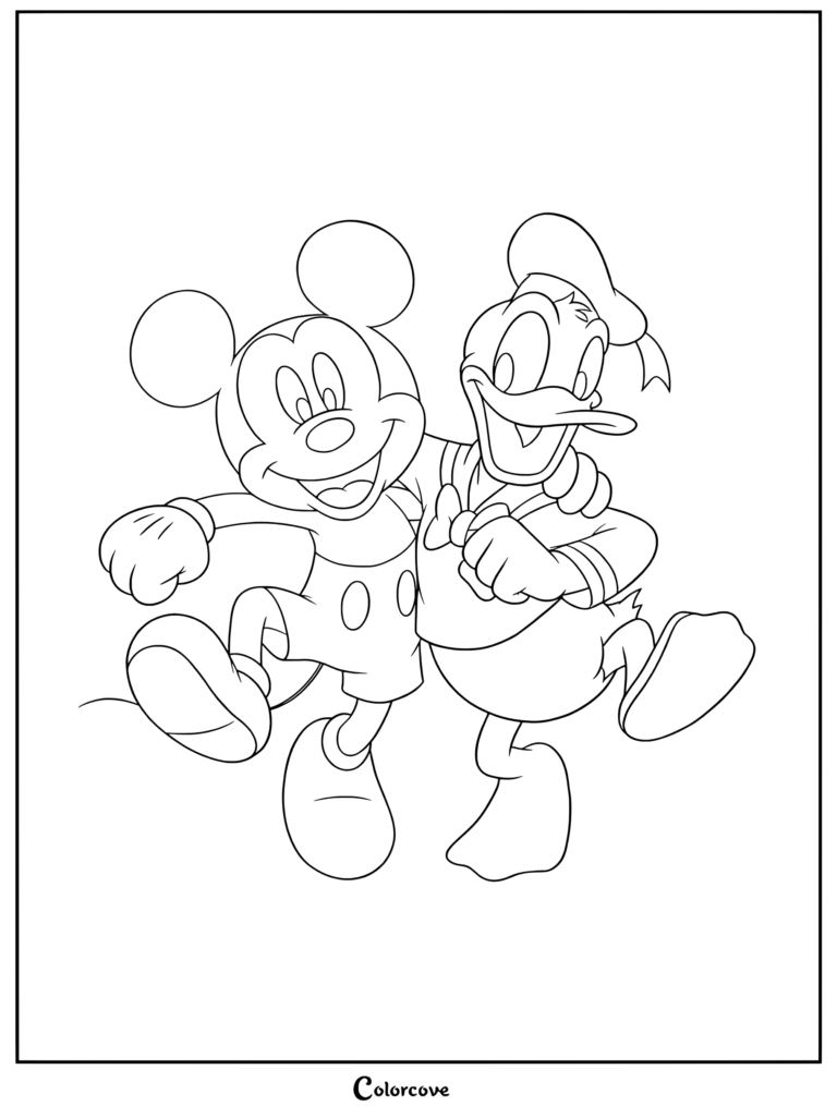 Mickey Mouse et Donald Duck sautant de joie ensemble avec les bras autour du cou, page de coloriage Mickey et ses Amis terminée