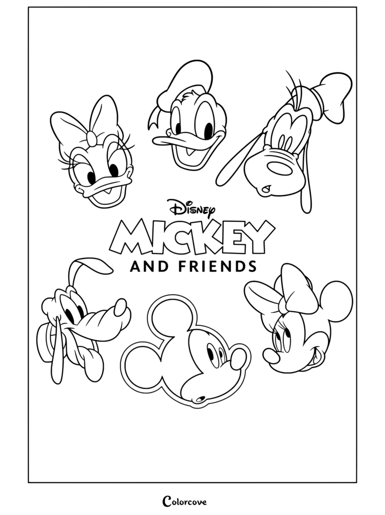 Coloriage de Mickey et ses Amis présentant un portrait de groupe comprenant Daisy Duck, Donald Duck, Dingo, Pluto et Minnie Mouse.