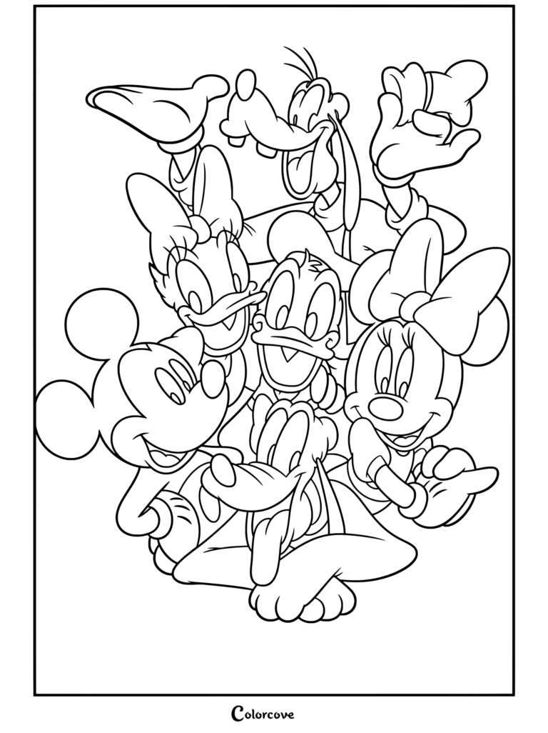 Portrait de groupe de Mickey et ses Amis avec Mickey, Minnie, Donald, Daisy, Dingo et Pluto, prêt à colorier.