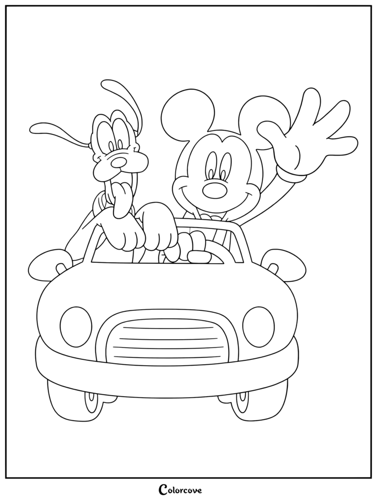 Coloriage de Mickey Mouse et Pluto conduisant une voiture bleue en faisant un geste de la main, issu de Mickey et ses Amis