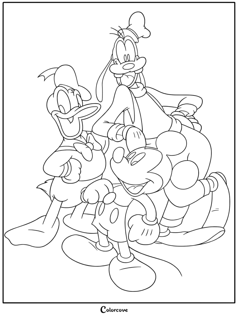 Coloriage de Mickey Mouse, Donald Duck et Dingo posant ensemble, sur le thème de Mickey et ses Amis