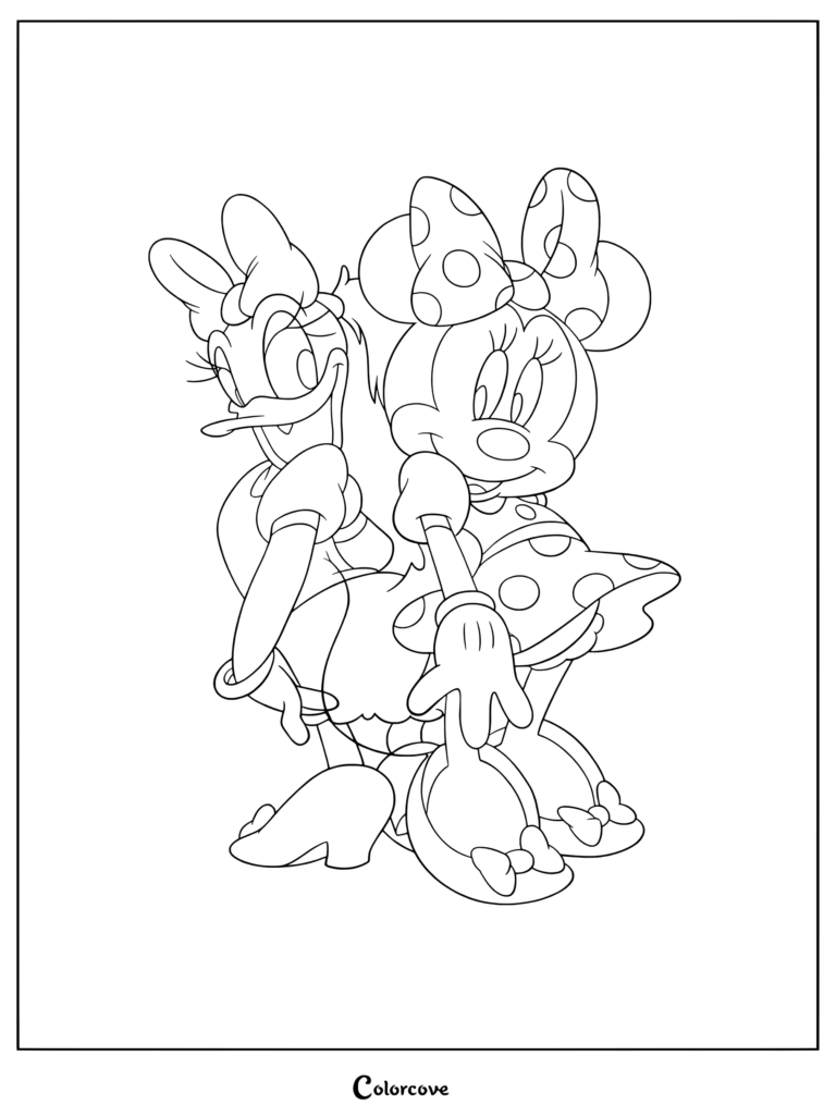 Coloriage de Mickey et ses Amis représentant Daisy Duck et Minnie Mouse posant ensemble avec des cœurs.
