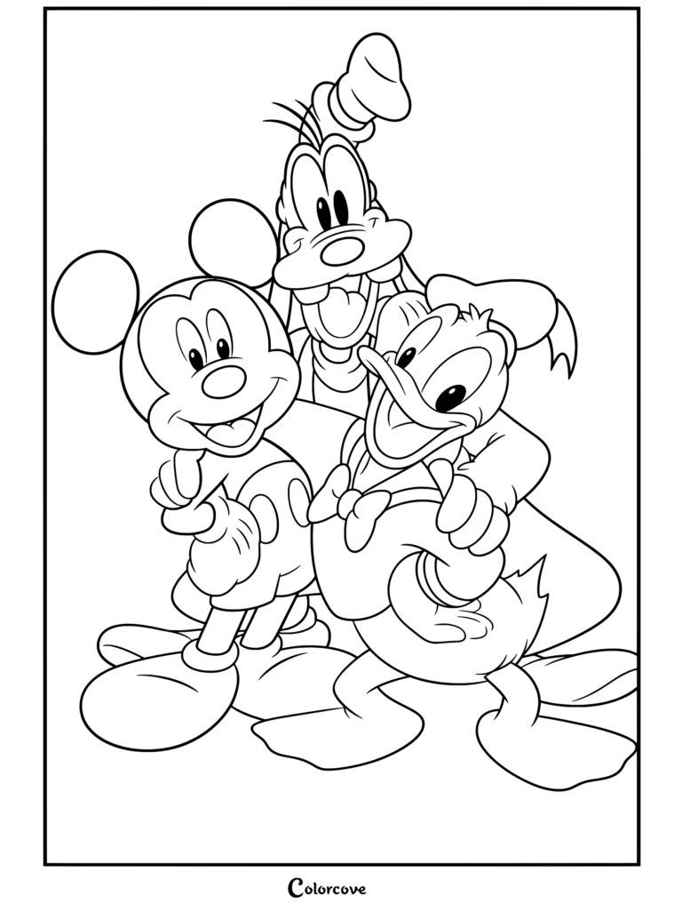Coloriage de Mickey Mouse, Donald Duck et Dingo souriant et se serrant dans les bras en trio classique pour les fans de Mickey et ses Amis