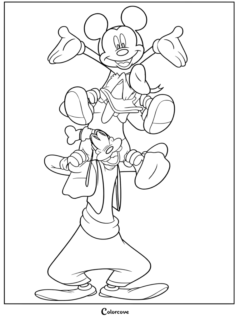 Coloriage de Mickey Mouse, Donald Duck et Dingo empilés verticalement dans une pose de pyramide pour les fans de Mickey et ses Amis.