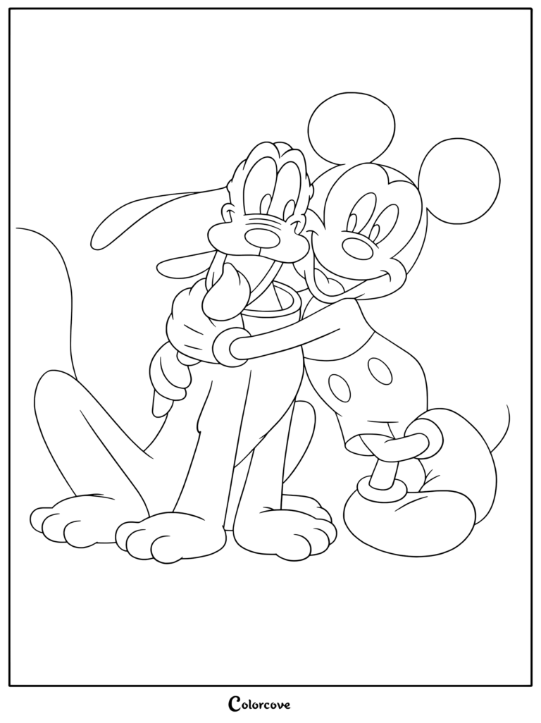 Coloriage de Mickey Mouse faisant un câlin affectueux à Pluto avec des expressions heureuses, issu de Mickey et ses Amis.