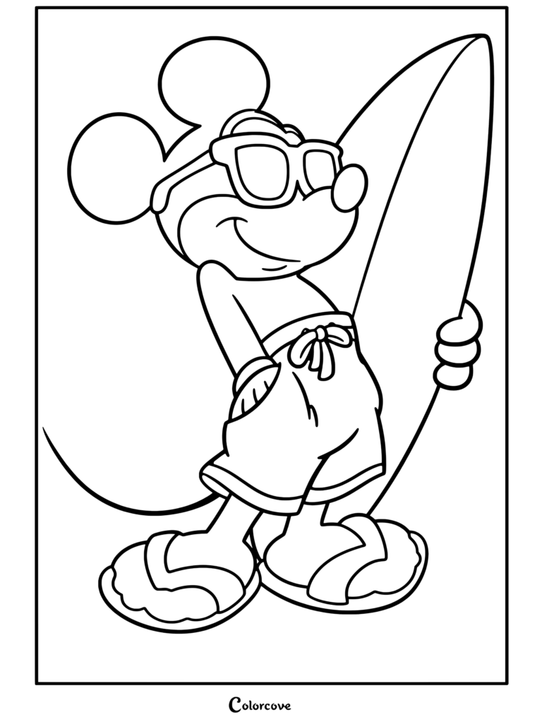 Coloriage de Mickey Mouse portant des lunettes de soleil et un short de bain, tenant une planche de surf, issu de Mickey et ses Amis