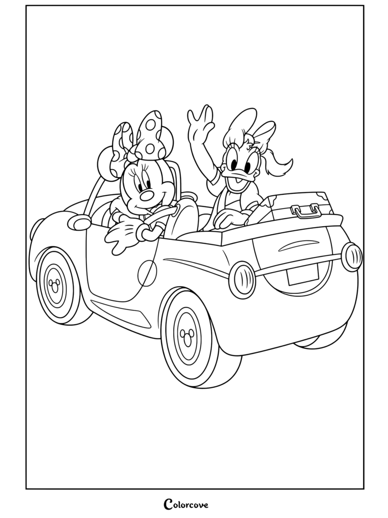 Coloriage de Minnie Mouse et Daisy Duck voyageant dans une voiture décapotable rouge lors d'un road trip pour les fans de Mickey et ses Amis
