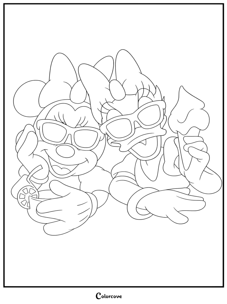 Coloriage de Mickey et ses Amis représentant Minnie Mouse et Daisy Duck portant des lunettes de soleil et savourant des friandises estivales, Minnie tenant une boisson et Daisy un cornet de glace