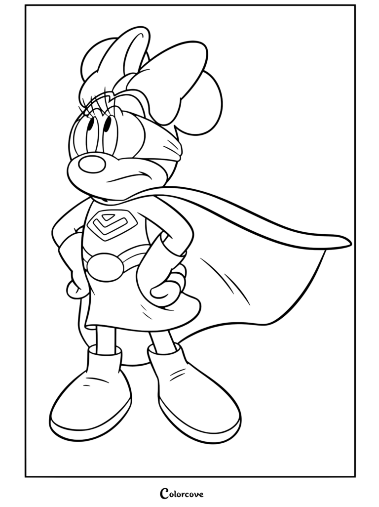 Coloriage de Minnie Mouse habillée en super-héroïne avec un nœud bleu et une cape rose pour les fans de Mickey et ses Amis