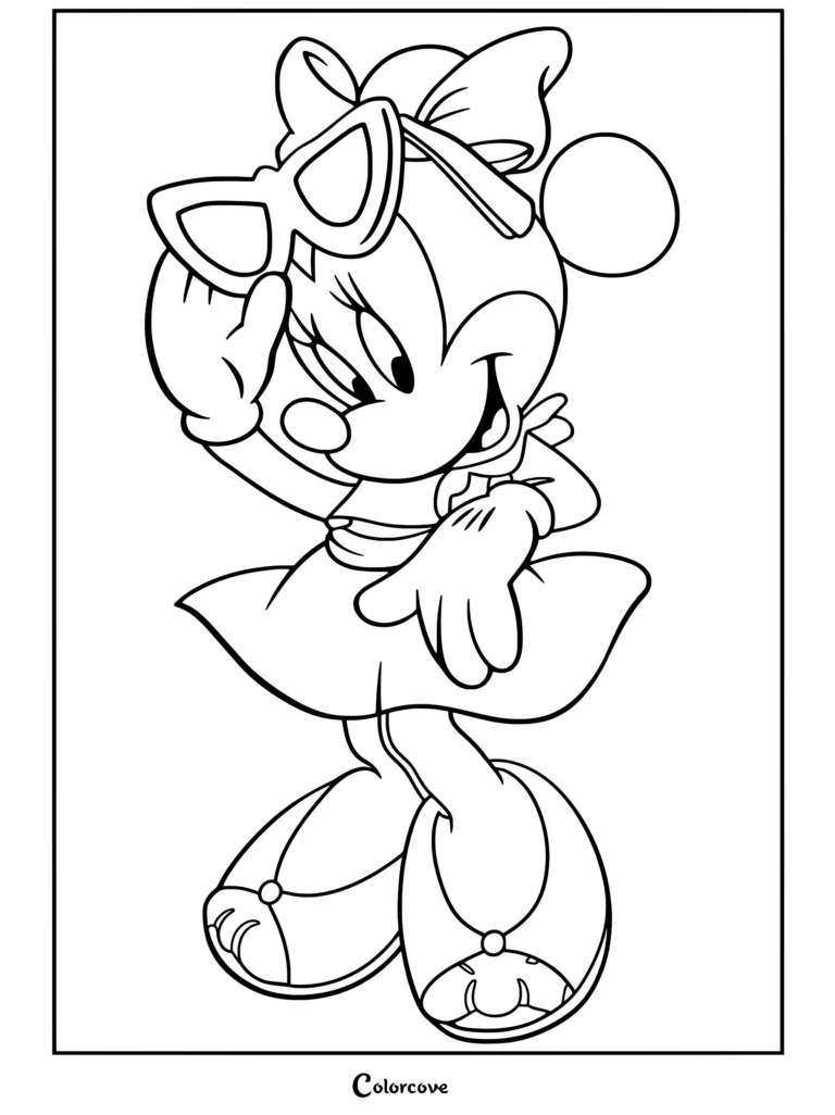Coloriage à imprimer de Minnie Mouse tenant des lunettes de soleil jaunes, vêtue d'une robe bleu clair et d'un nœud rose, pour les fans de Mickey et ses Amis