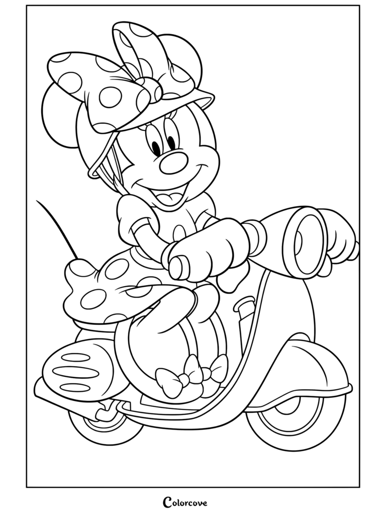 Coloriage de Minnie Mouse conduisant un scooter sarcelle portant une robe rose à pois et un casque assorti avec un nœud pour les fans de Mickey et ses Amis
