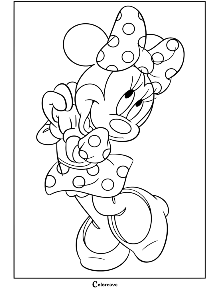 Coloriage de Minnie Mouse portant une robe bleue à pois et un nœud, posant de manière ludique pour les fans de Mickey et ses Amis