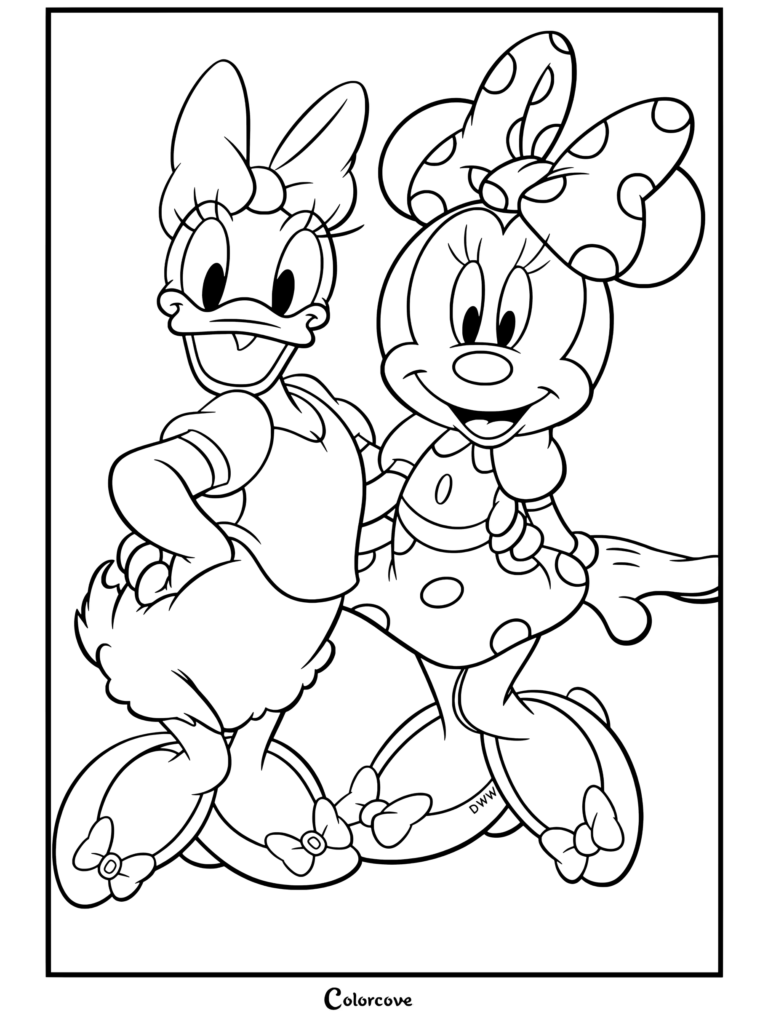 Coloriage gratuit de Mickey et ses Amis présentant Daisy Duck et Minnie Mouse debout ensemble et souriant