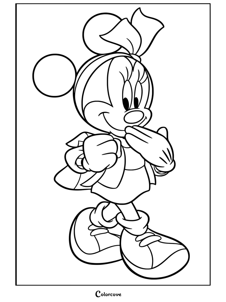 Coloriage de Minnie Mouse portant un nœud vert et des baskets, avec un sac à dos, pour les fans de Mickey et ses Amis