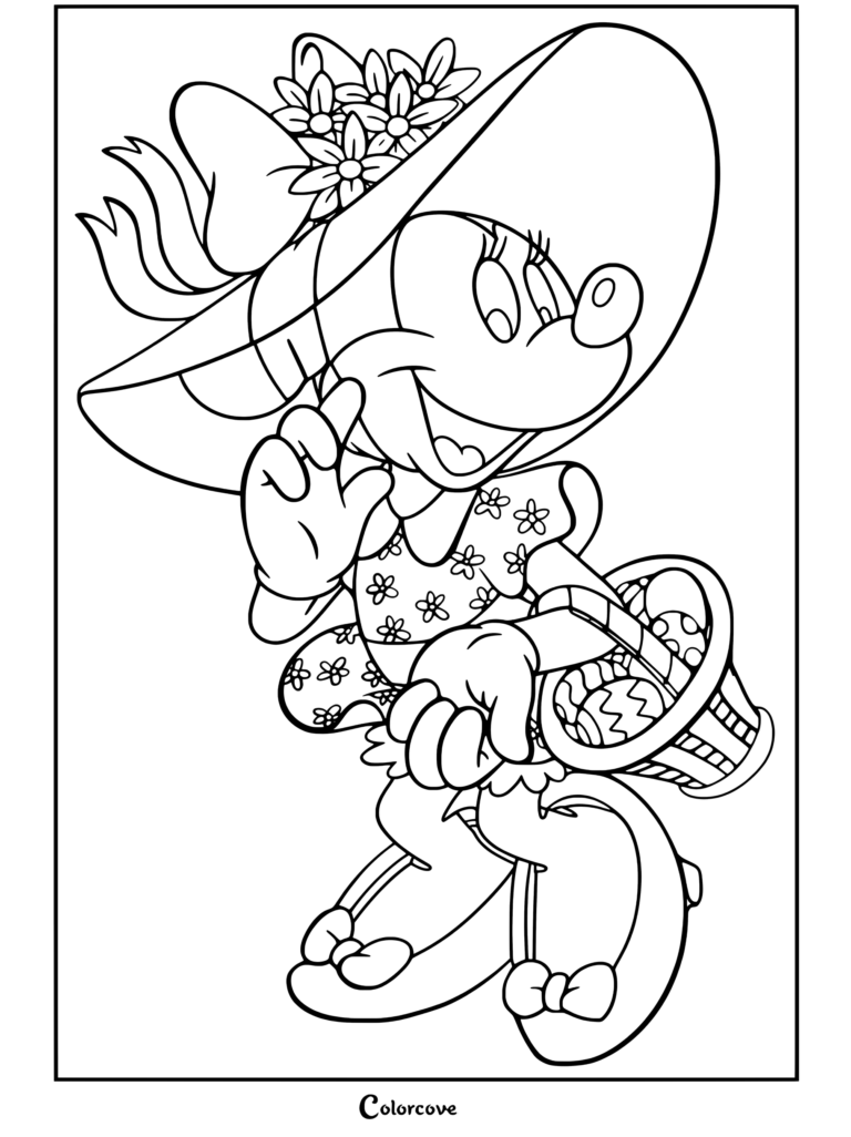 Coloriage de Mickey et ses Amis représentant Minnie Mouse portant un chapeau et une robe de Pâques roses tout en tenant un panier d'œufs colorés