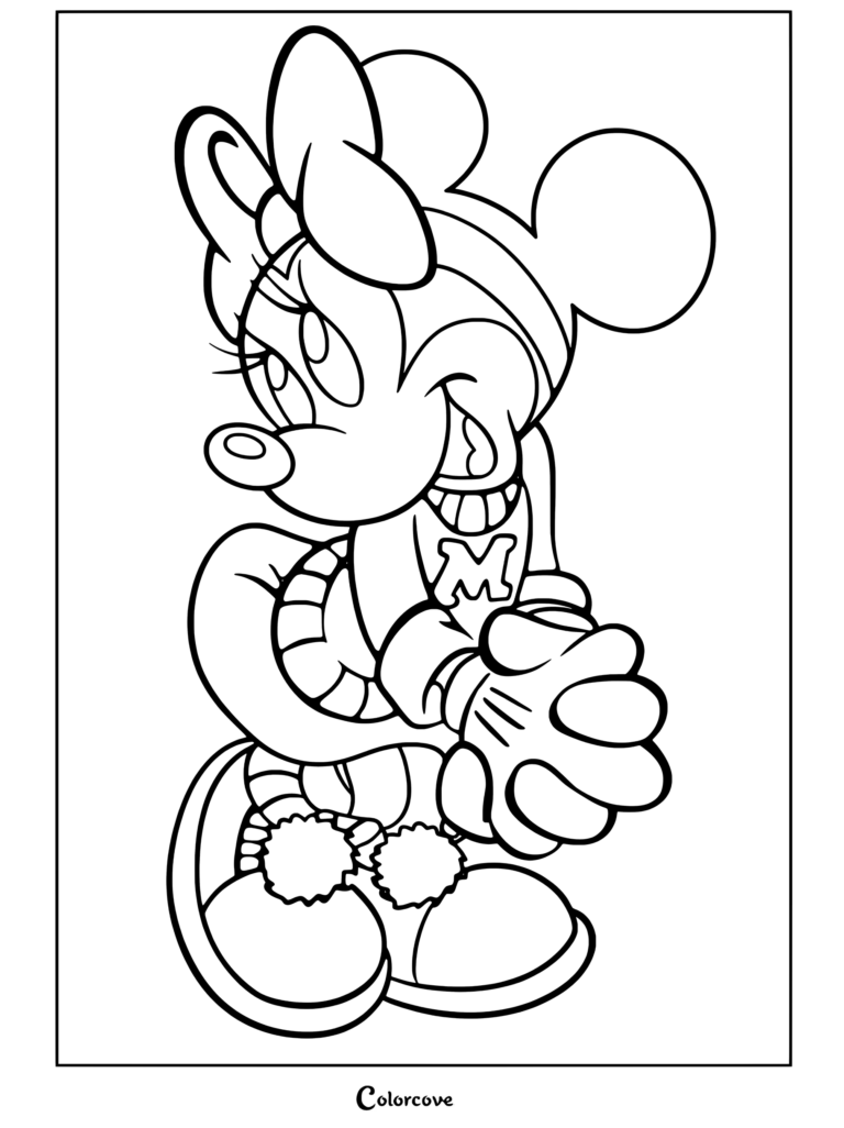 Coloriage de Minnie Mouse portant un pull rouge et un nœud jaune, se tenant les mains avec une expression timide, issu de Mickey et ses Amis